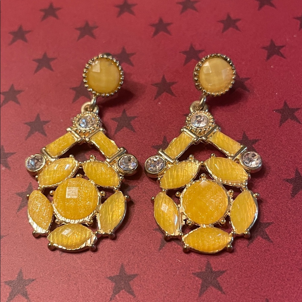 Vintage Yellow Gemstone Drop Earrings with clear crystals
